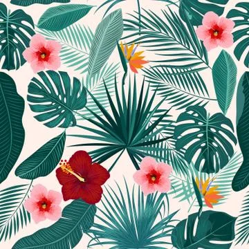 Seamless pattern of leaves monstera, flowers, tropical leaves of palm tree. Illustrazione stock