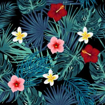 Seamless pattern of leaves monstera. Tropical leaves of palm tree and flowers Stock Illustration