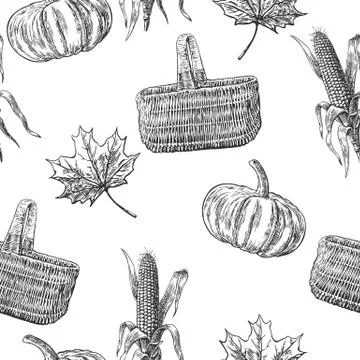 Seamless pattern with leaves, pumpkin, basket, corn cob. Stock Illustration