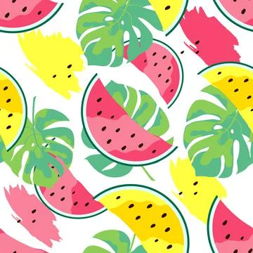 Seamless pattern of leaves, slices of watermelon. Stock Illustration