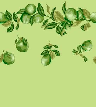 Seamless pattern with lemon and lime branches. Vintage graphic in olive green Stock Illustration