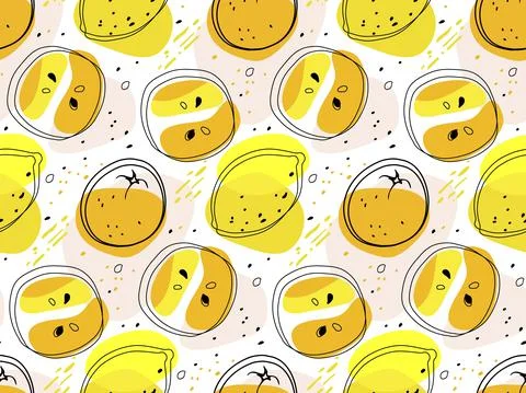 Seamless pattern with Lemon and orange fruit. Hand drawn whole and half fruits Illustrazione stock