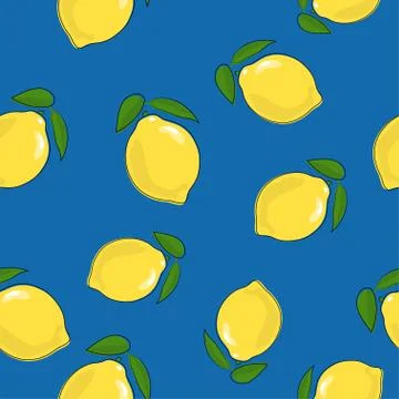 Seamless Pattern ,Lemon on Blue Background 스톡 일러스트