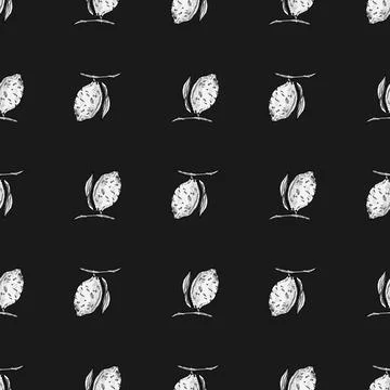Seamless pattern lemon on branch with leaves engraving. Vintage background of Stock Illustration