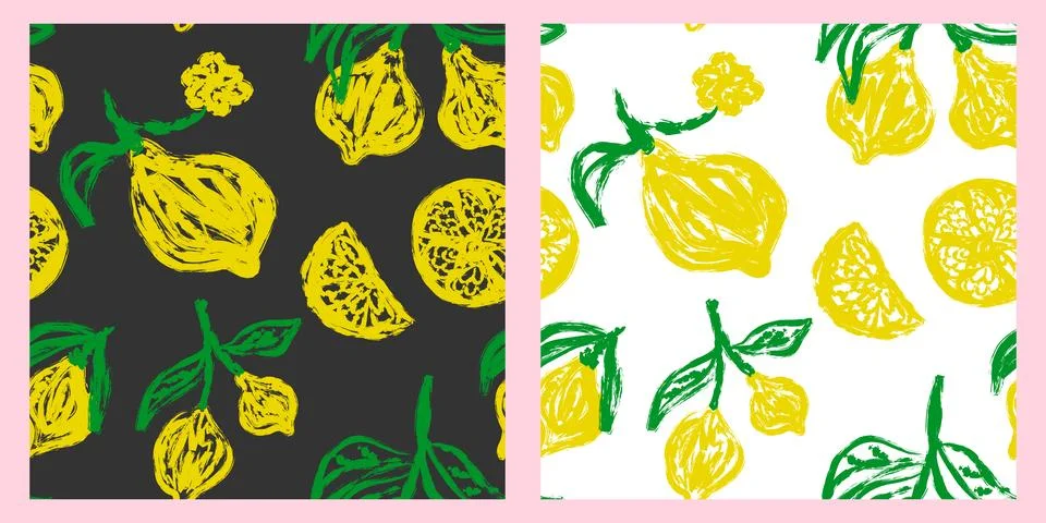 A seamless pattern with lemon branches on a white and black background. Styli Stock Illustration