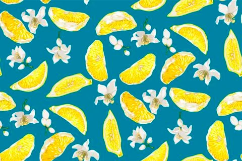 Seamless Pattern with lemon citrus slices and flowers with blue background Stock-Illustration