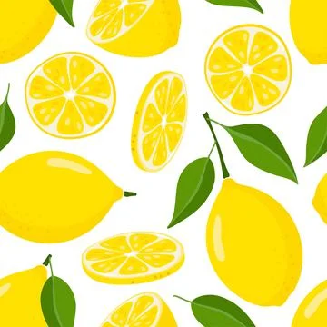 Seamless pattern with lemon fruit and leaves. Flat vector summer citrus digital Stock Illustration