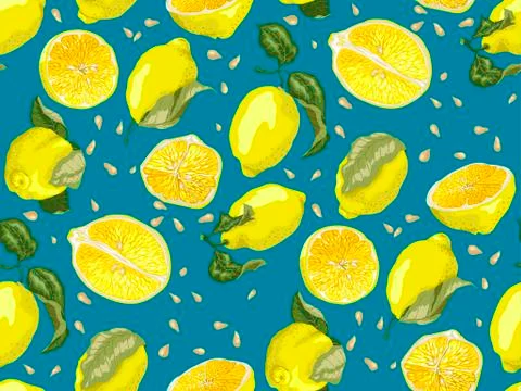Seamless Pattern with lemon fruit, halves anf slices. There are seeds and lea Stock Illustration