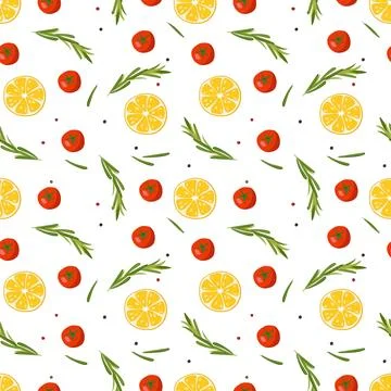 Seamless pattern with Lemon Fruit slice, Tomato, Rosemary. Seasonings for Stock Illustration