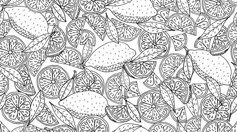 Seamless pattern of lemon fruits hand drawn, background . Coloring page.  Vec Illustrazione stock