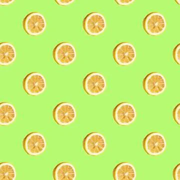 Seamless pattern with lemon halves on a green background. Minimal isometric t Stock Photos