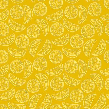 Seamless pattern with lemon in line art style on yellow background. Perfect for Illustrazione stock