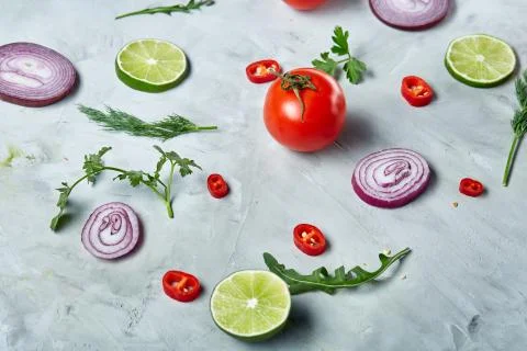 Seamless pattern with lemon, onion, tomatoes, lime, dill on white background Stock Photos