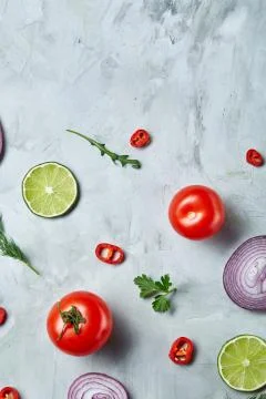 Seamless pattern with lemon, onion, tomatoes, lime, dill on white background Stock Photos