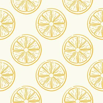 Seamless pattern of lemon slice on beige background in line art style. Fresh Illustrazione stock