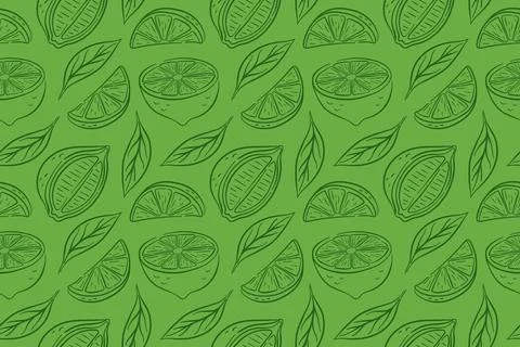 Seamless pattern with lemon slice, half and leaf in line art style on green Stock Illustration