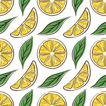 Seamless pattern with lemon slice, wedges and green leaf in flat style. Perfect Stock Illustration