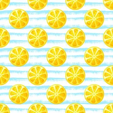 Seamless pattern with lemon slices. Striped vector background. Illustrazione stock