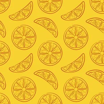 Seamless pattern with lemon slices on yellow background in line art style Stock Illustration