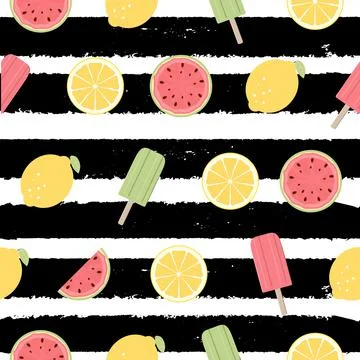 Seamless Pattern with Lemon, Watermelon Fruits and Ice Cream. Vector イラスト素材