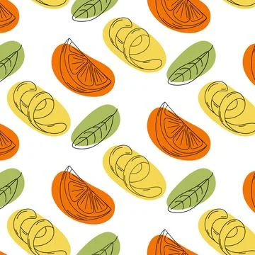 Seamless pattern of lemon zest, orange slice and green leaf with colorful spots Stock Illustration
