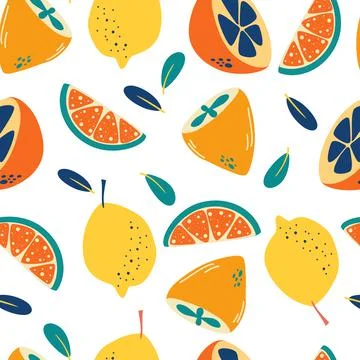 Seamless pattern with lemons. Abstract citrus background. Fresh slices and wh Stock Illustration