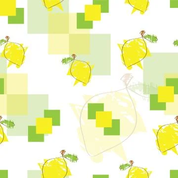 Seamless pattern with lemons and abstract squares in yellow and green colors Stock Illustration