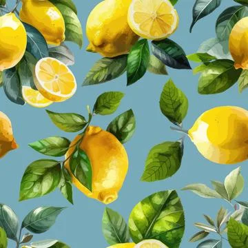 Seamless pattern with lemons and brunch leaves. Stock Illustration