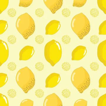 Seamless pattern with lemons and dots on yellow background Stock Illustration
