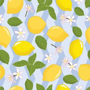 Seamless pattern lemons and leaves on blue chevron background Stock Illustration