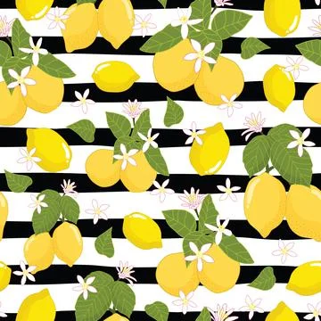 Seamless pattern lemons and leaves on striped background Stock Illustration