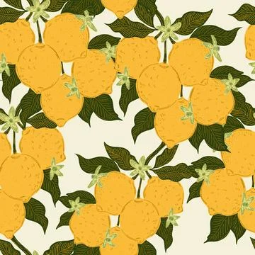 Seamless pattern with lemons and leaves on a branch in a hand-drawn line art  Illustrazione stock