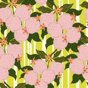 Seamless pattern with lemons and leaves on a branch in a hand-drawn line art  Stock Illustration