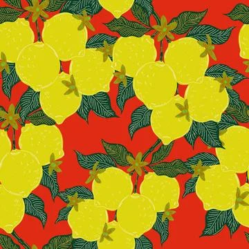 Seamless pattern with lemons and leaves on a branch in a hand-drawn line art  Stock Illustration