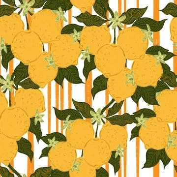 Seamless pattern with lemons and leaves on a branch in a hand-drawn line art  Stock Illustration