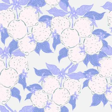 Seamless pattern with lemons and leaves on a branch in a hand-drawn line art  Stock Illustration