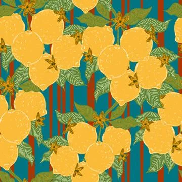 Seamless pattern with lemons and leaves on a branch in a hand-drawn line art  Stock Illustration