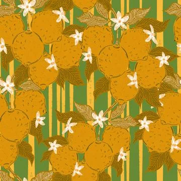 Seamless pattern with lemons and leaves on a branch in a hand-drawn line art  Stock Illustration