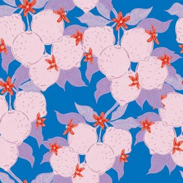 Seamless pattern with lemons and leaves on a branch in a hand-drawn line art  Stockillustratie
