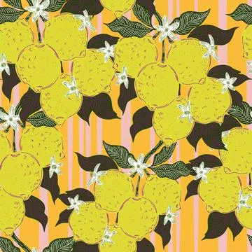 Seamless pattern with lemons and leaves on a branch in a hand-drawn line art  Stock Illustration