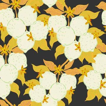 Seamless pattern with lemons and leaves on a branch in a hand-drawn line art  Stock Illustration