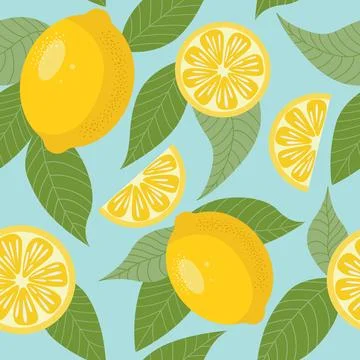 Seamless pattern with lemons and leaves on a blue background Illustrazione stock