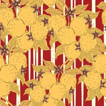 Seamless pattern with lemons and leaves on a branch in a hand-drawn line art  Stock Illustration