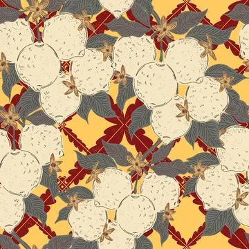 Seamless pattern with lemons and leaves on a branch in a hand-drawn line art  Stock Illustration