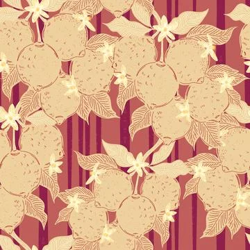 Seamless pattern with lemons and leaves on a branch in a hand-drawn line art  Illustrazione stock