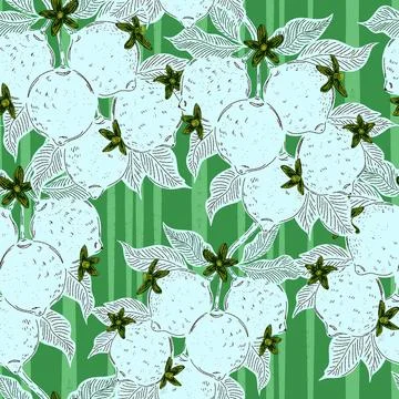 Seamless pattern with lemons and leaves on a branch in a hand-drawn line art  Stock Illustration