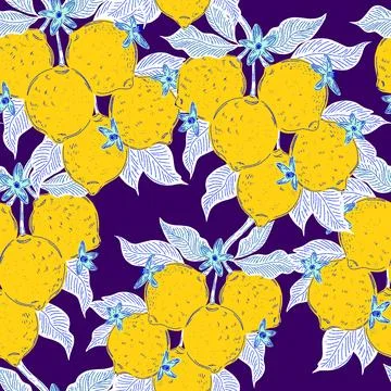 Seamless pattern with lemons and leaves on a branch in a hand-drawn line art  Stock Illustration