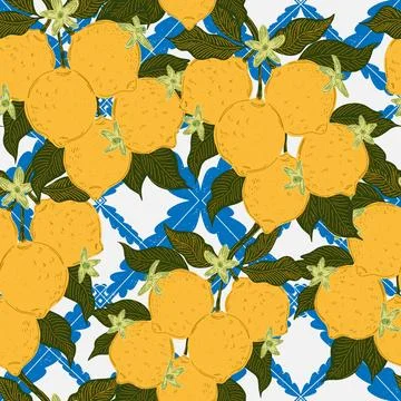 Seamless pattern with lemons and leaves on a branch in a hand-drawn line art  Stock Illustration