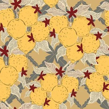 Seamless pattern with lemons and leaves on a branch in a hand-drawn line art  Stock Illustration