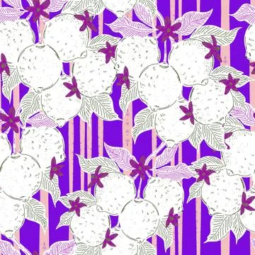 Seamless pattern with lemons and leaves on a branch in a hand-drawn line art  Stock Illustration